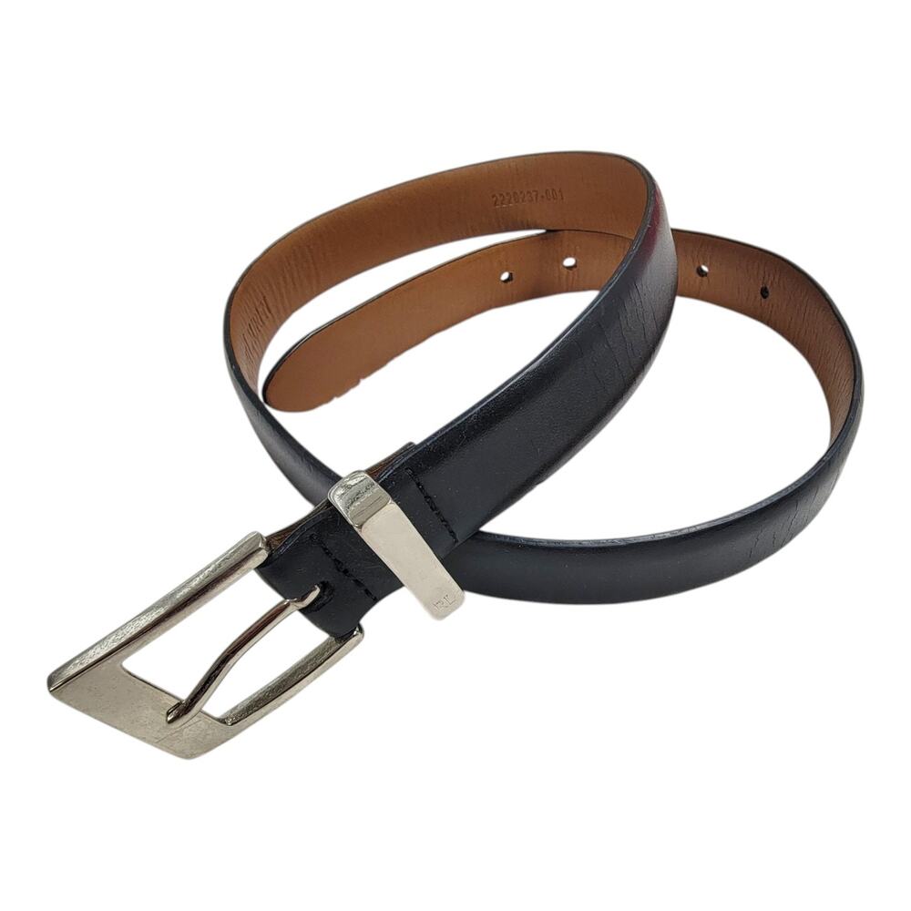Ralph Lauren Womens Black Leather Belt Silver RL Buckle Small 1" Dress Slim